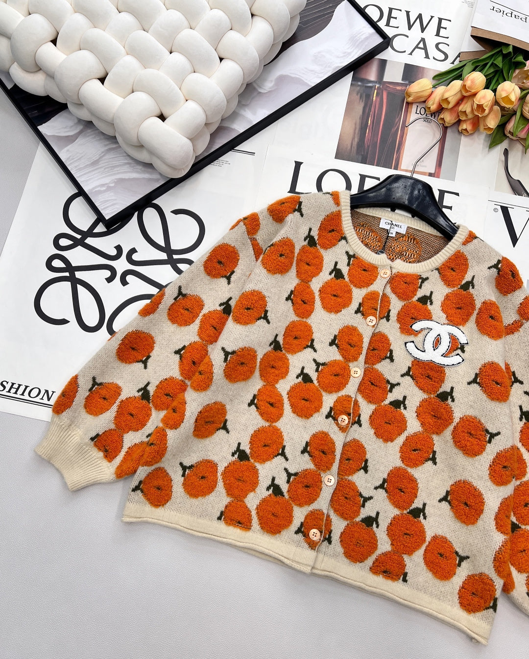 CC 26 Floral Pattern Cardigan Orange Beige Wool Cashmere 785282
