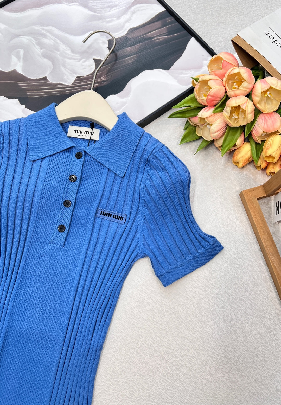 Miumiu 2026 Collared Logo Short-Sleeve Knit Top Blue Cotton
