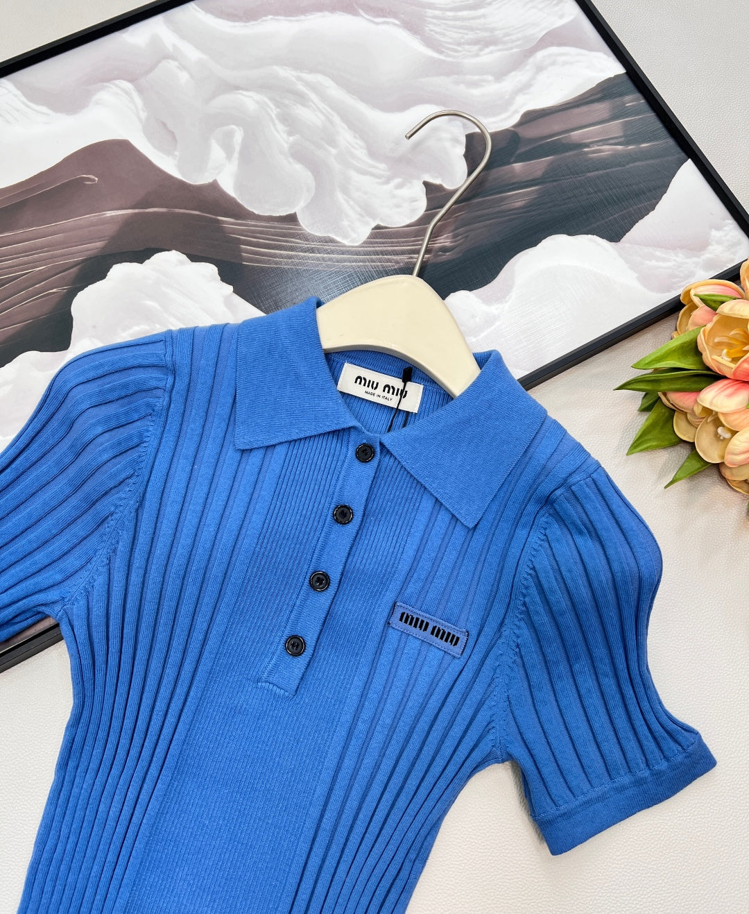 Miumiu 2026 Collared Logo Short-Sleeve Knit Top Blue Cotton