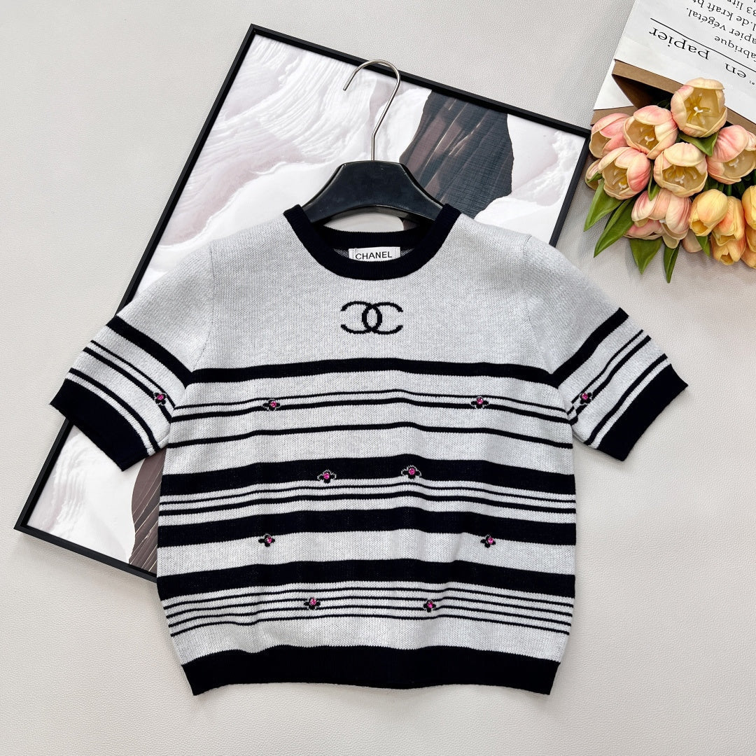 Chanel 2026 Striped Knit Short-Sleeve Top Black White Wool Nylon
