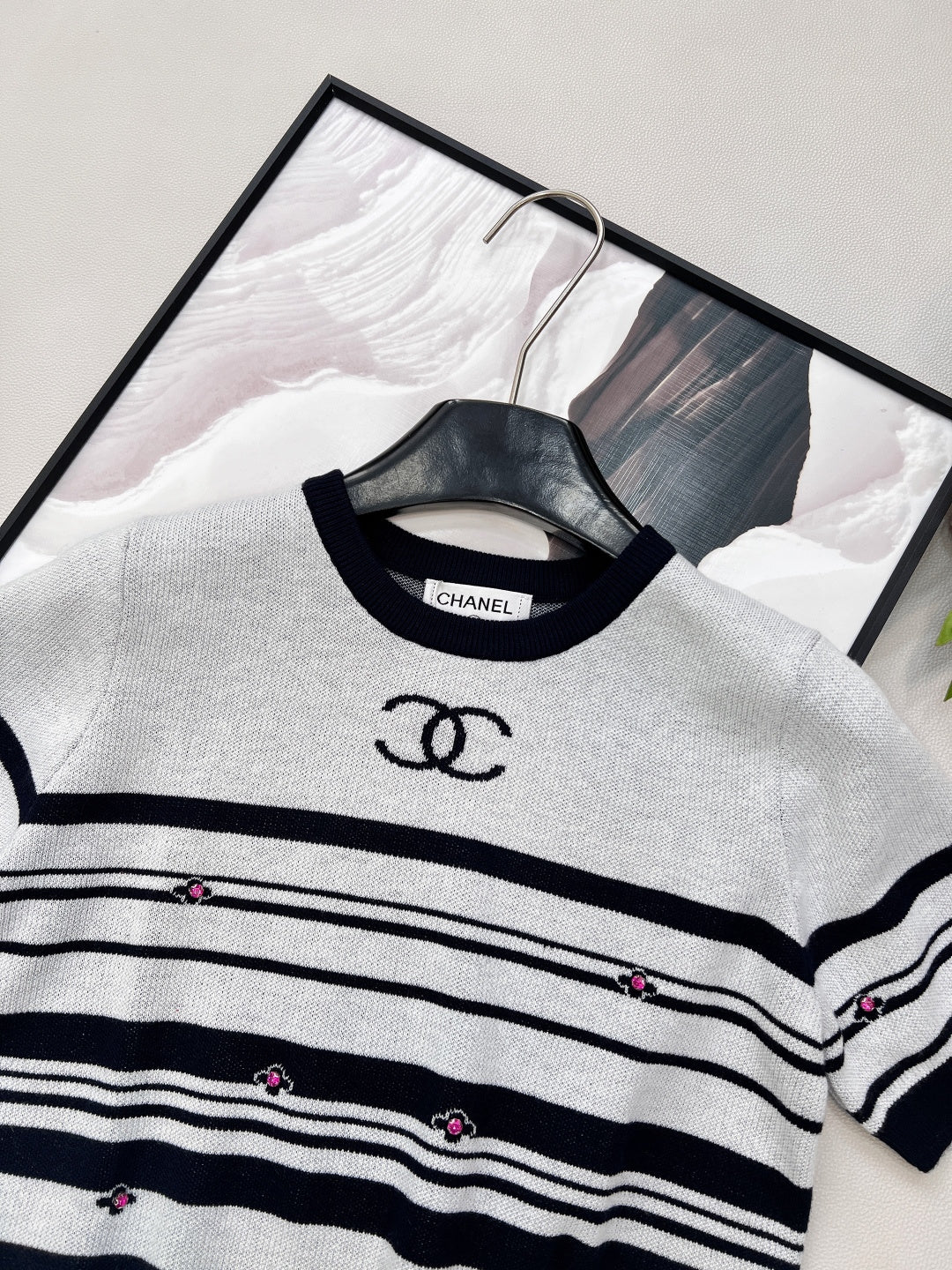 Chanel 2026 Striped Knit Short-Sleeve Top Black White Wool Nylon