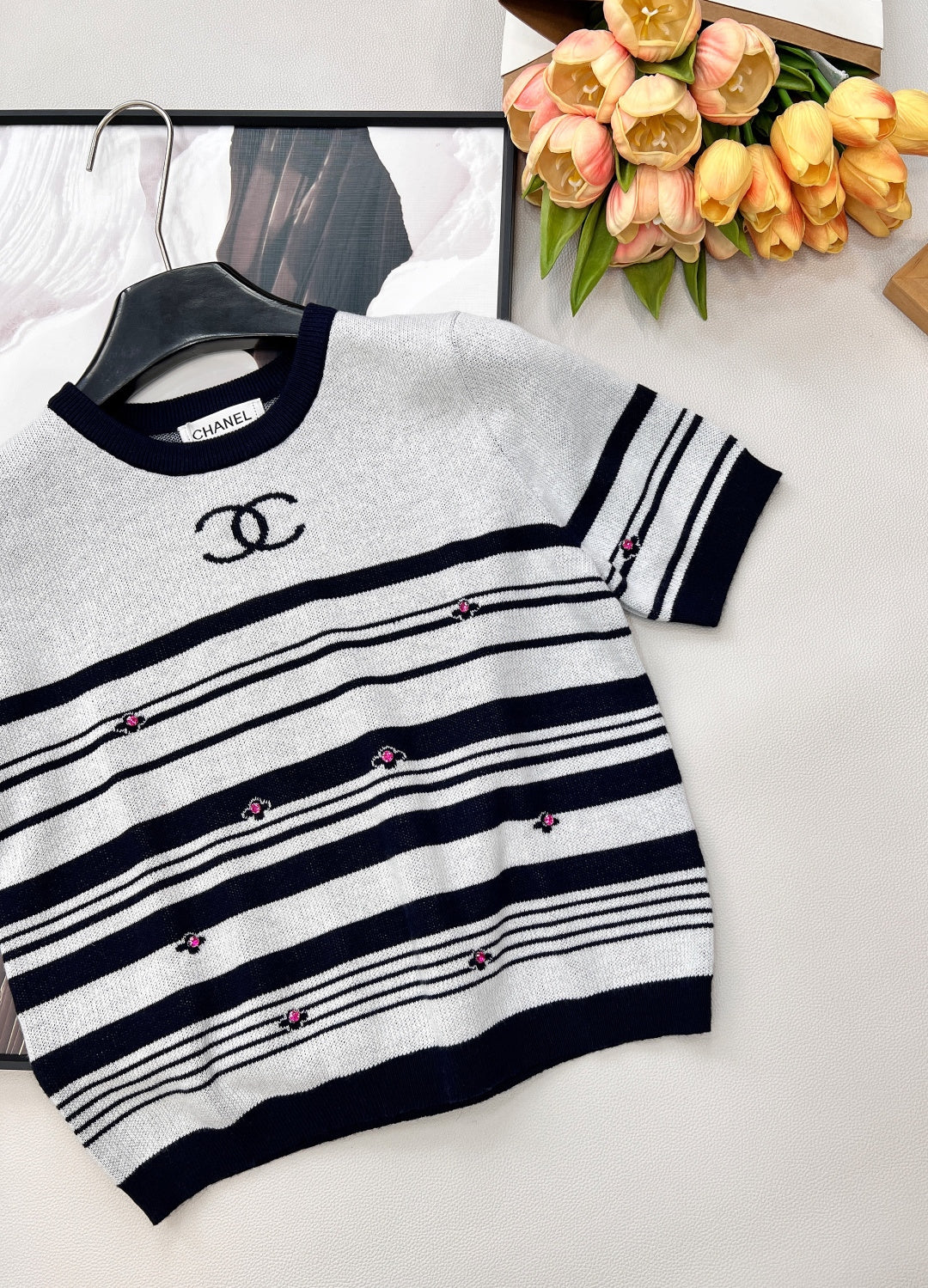 Chanel 2026 Striped Knit Short-Sleeve Top Black White Wool Nylon