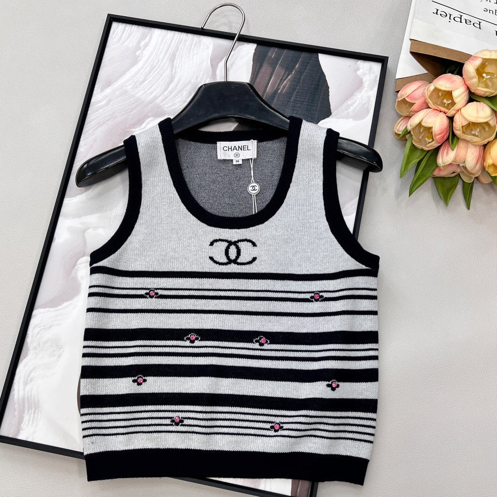 Chanel 2026 Striped Knit Vest Black White Wool Nylon