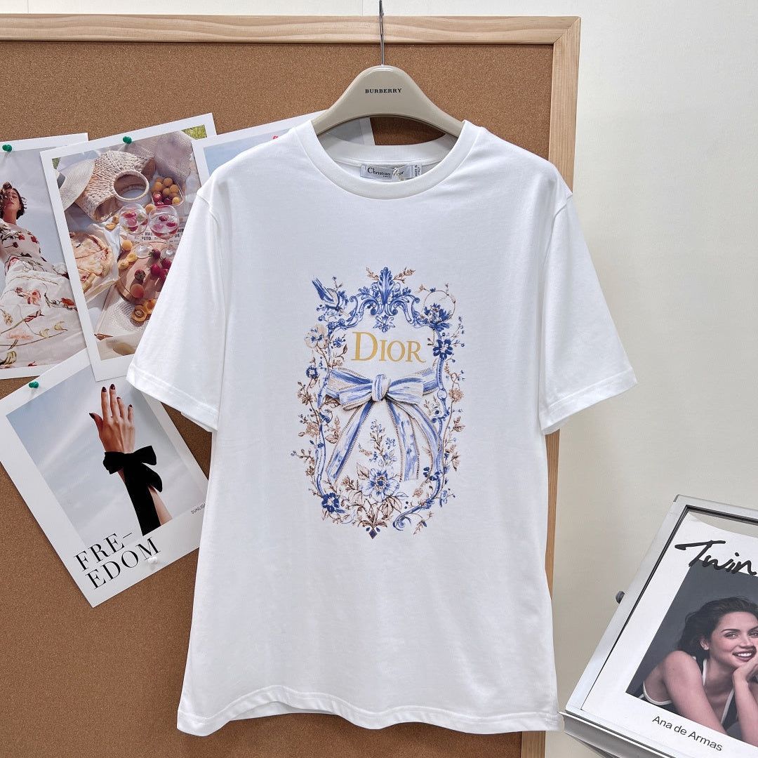Dior 2026 Blue and White Porcelain Bow Print Short-Sleeve T-Shirt 458635