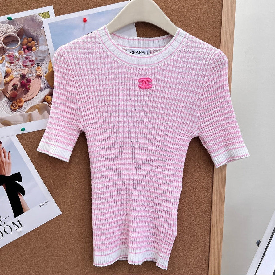 Chanel 2026 Knit Short-Sleeve T-Shirt White Pink Tencel 463388