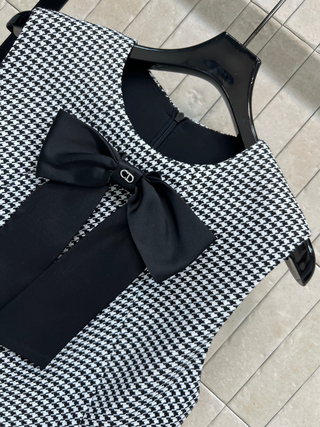 Dior 2026 Houndstooth Bow Vest Dress Black White Polyester