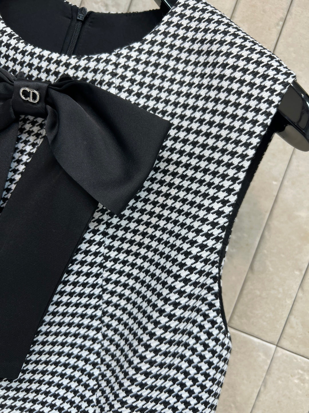 Dior 2026 Houndstooth Bow Vest Dress Black White Polyester
