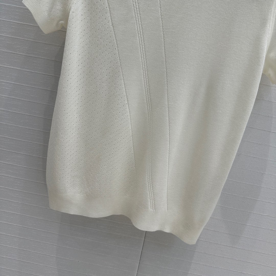 Hm 25  Hollow Knit Short-Sleeve Top White Tencel Cotton