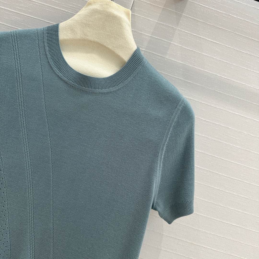 Hm 25  Hollow Knit Short-Sleeve Top Blue Green Tencel Cotton