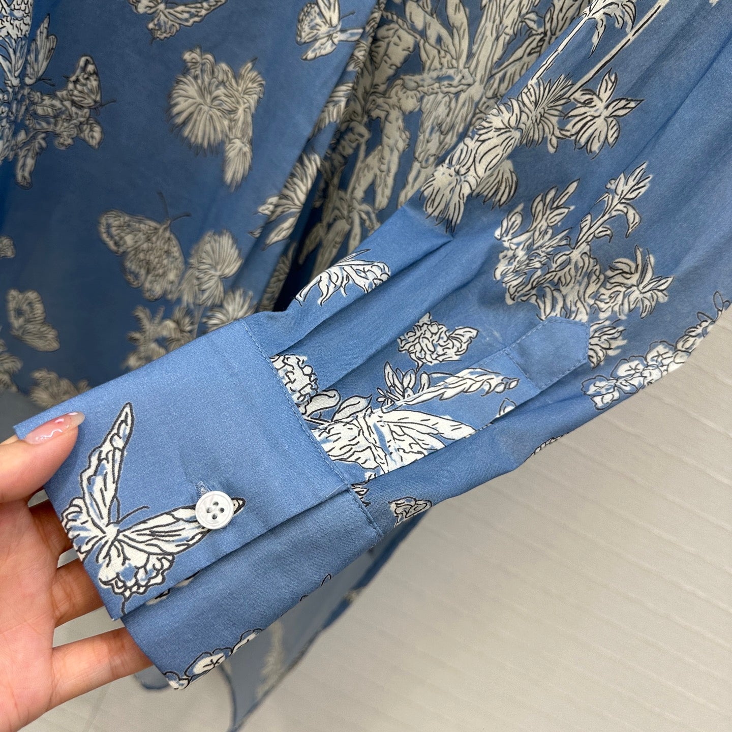 CD 25 Pleated Flared Forest Shirt Blue White Cotton