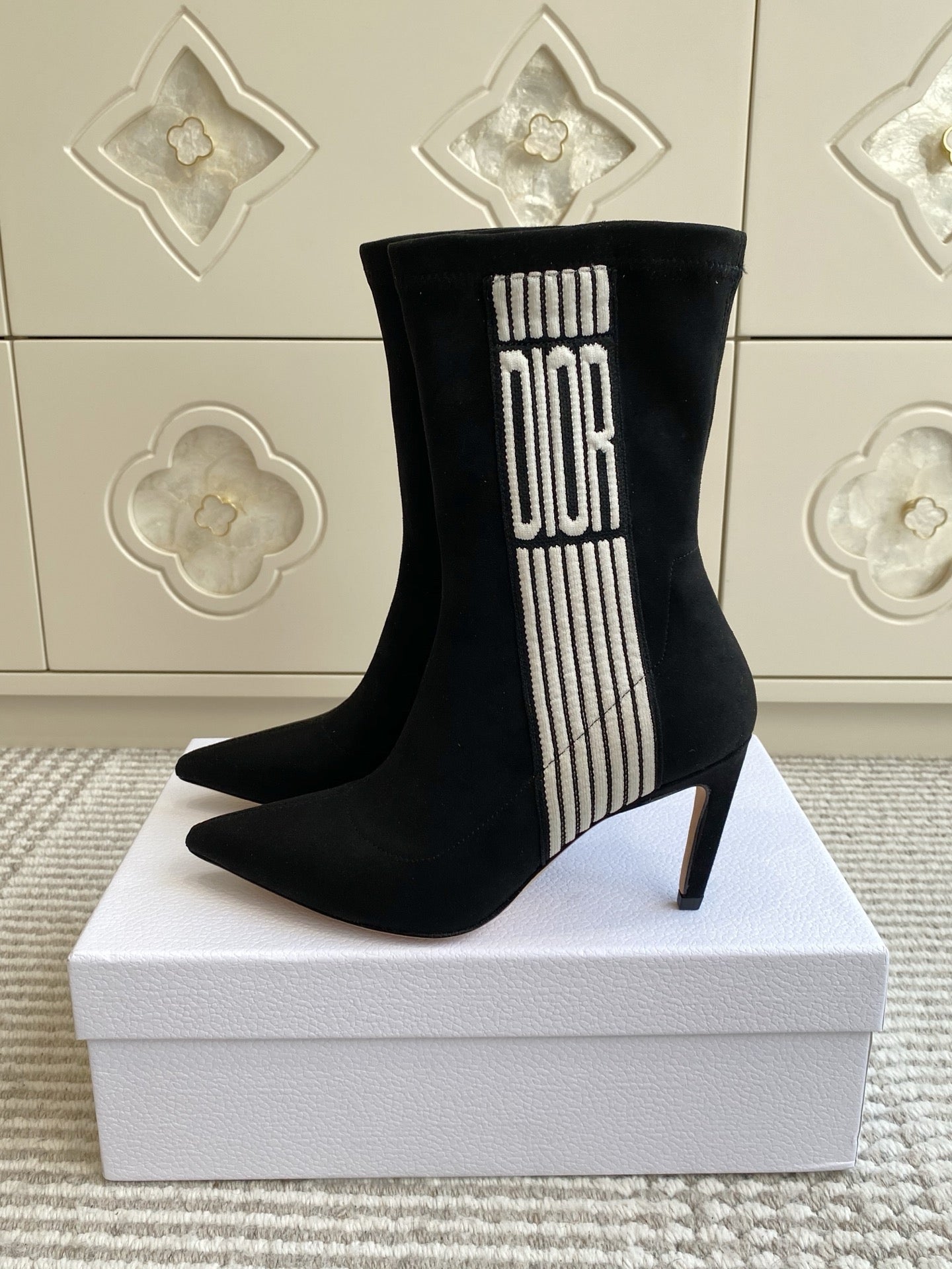Dior 2025 Tribales Heeled Ankle Boot 80mm Black White Suede 501194