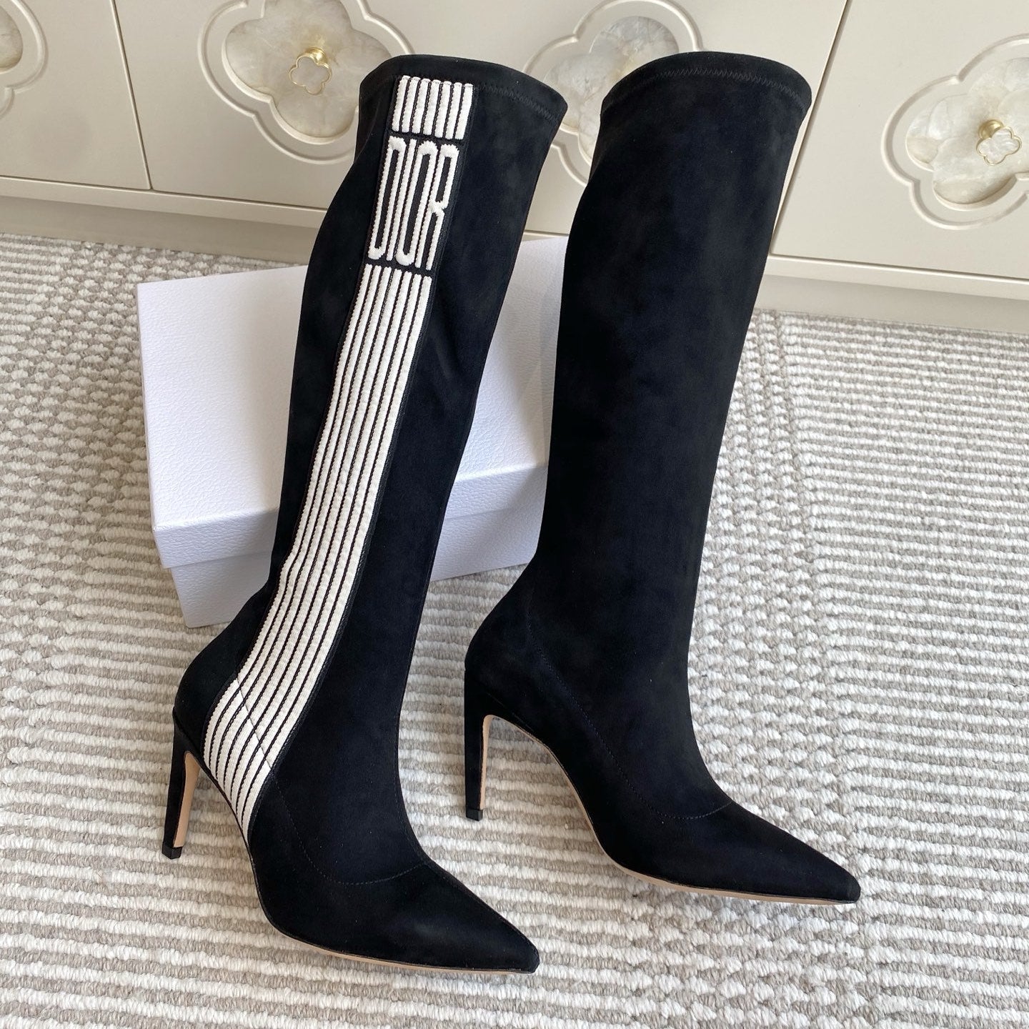 Dior 2025 Tribales Heeled Ankle High Boot 80mm Black White Suede 501198