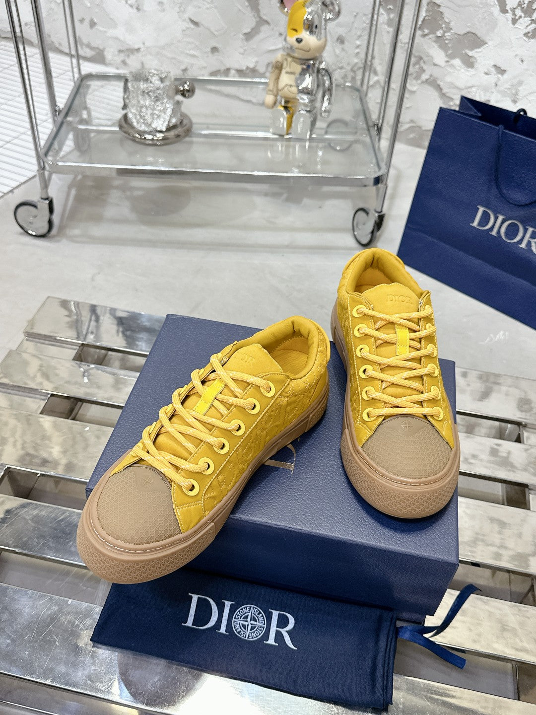 CD B33 Sneaker 40mm In Dark Yellow Monogram Satin Embroidery Fabric 103988