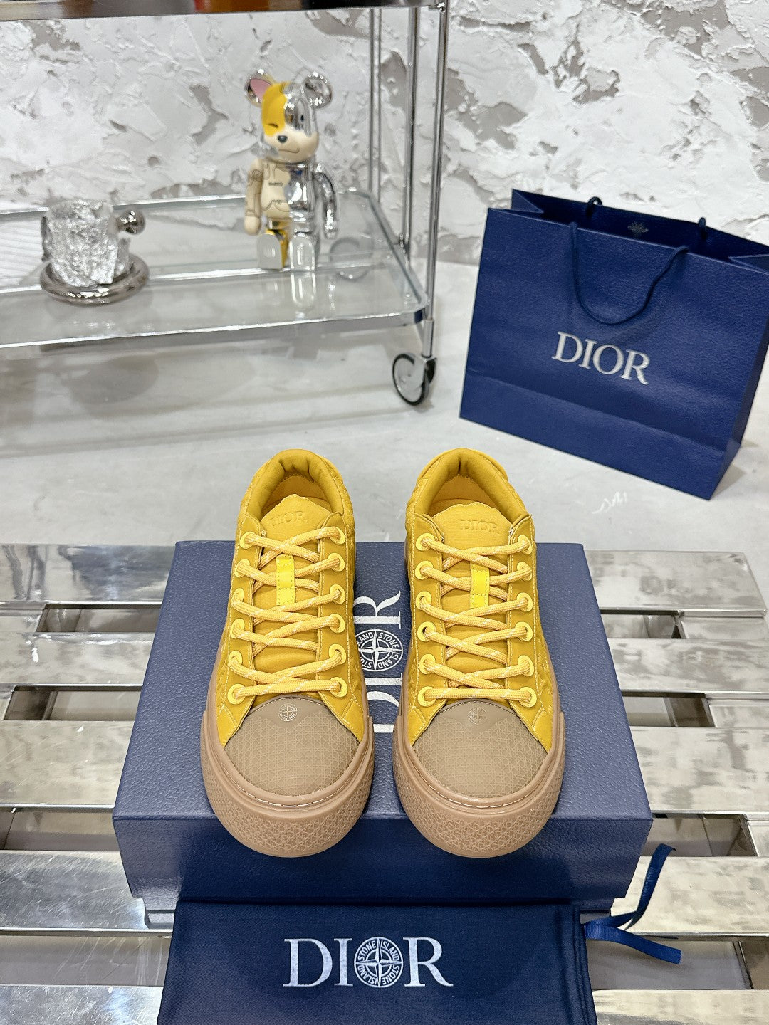 CD B33 Sneaker 40mm In Dark Yellow Monogram Satin Embroidery Fabric 103988