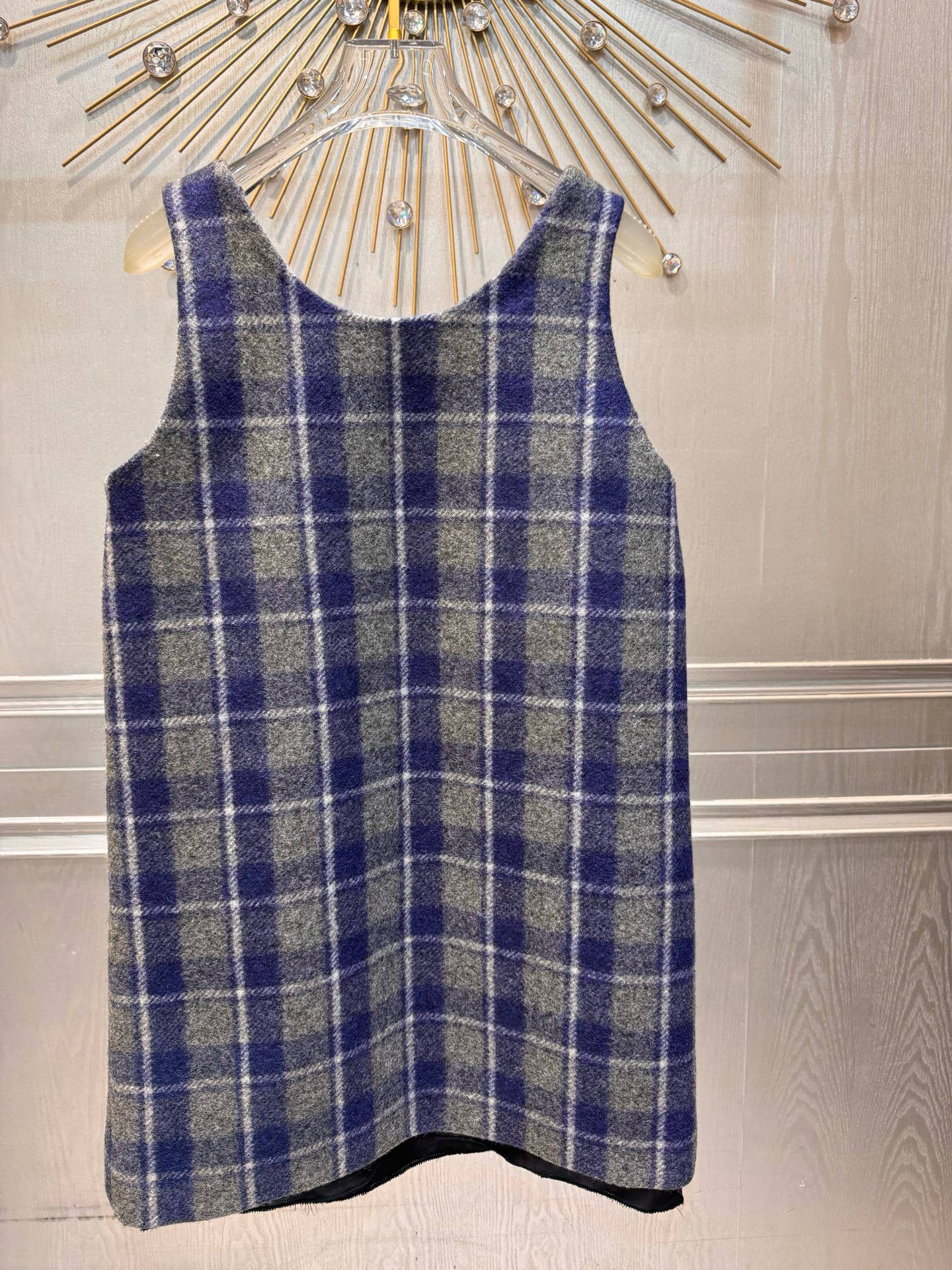 Miumiu 2026 Plaid Vest Dress Blue-Gray Wool Viscose