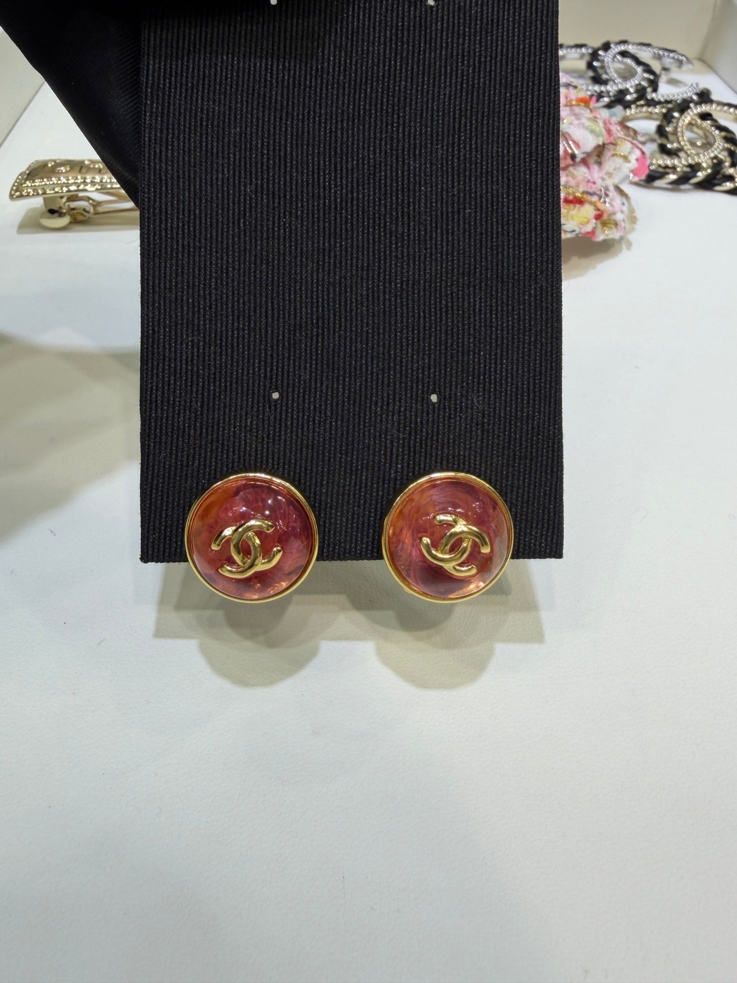 Chanel Gripoix Earrings With Gold CC Logo And Red Glass Stones