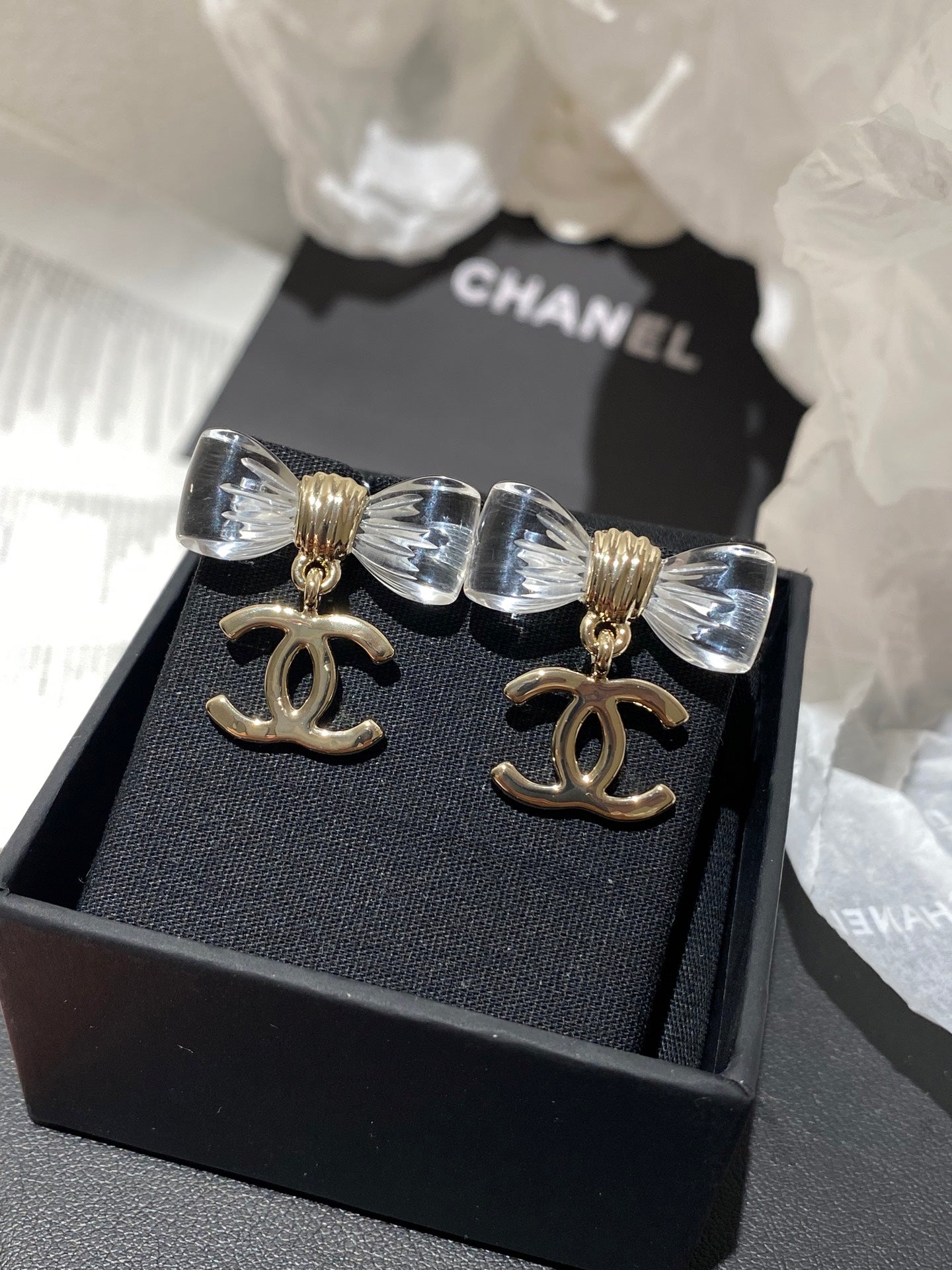 CC Transparent Acrylic Bow Gold Earrings