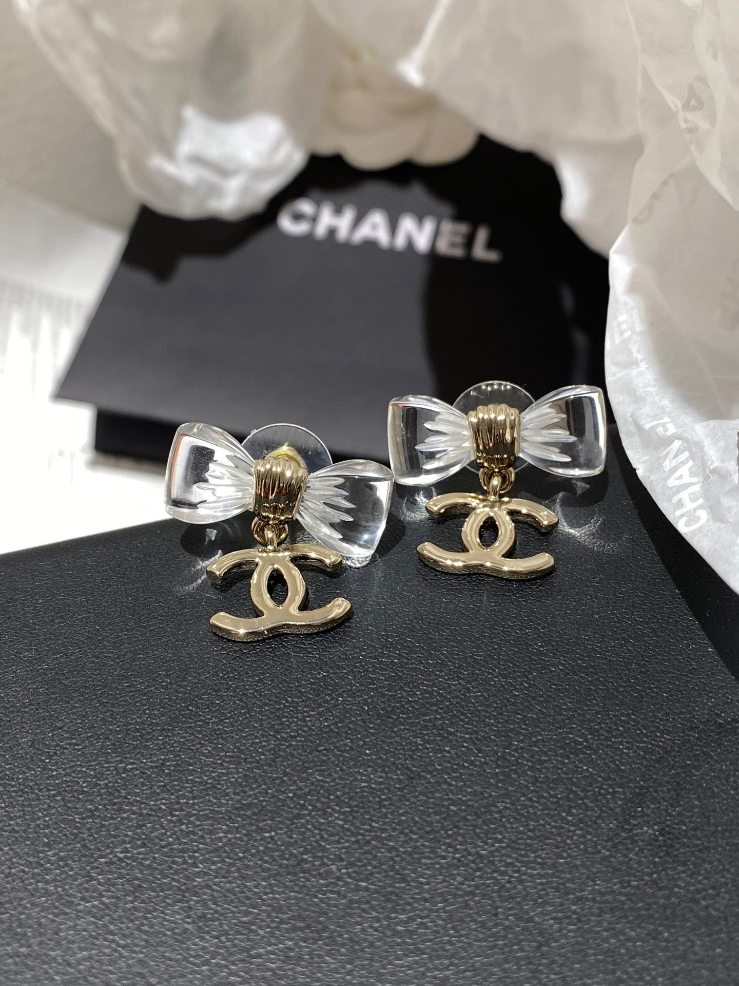 CC Transparent Acrylic Bow Gold Earrings