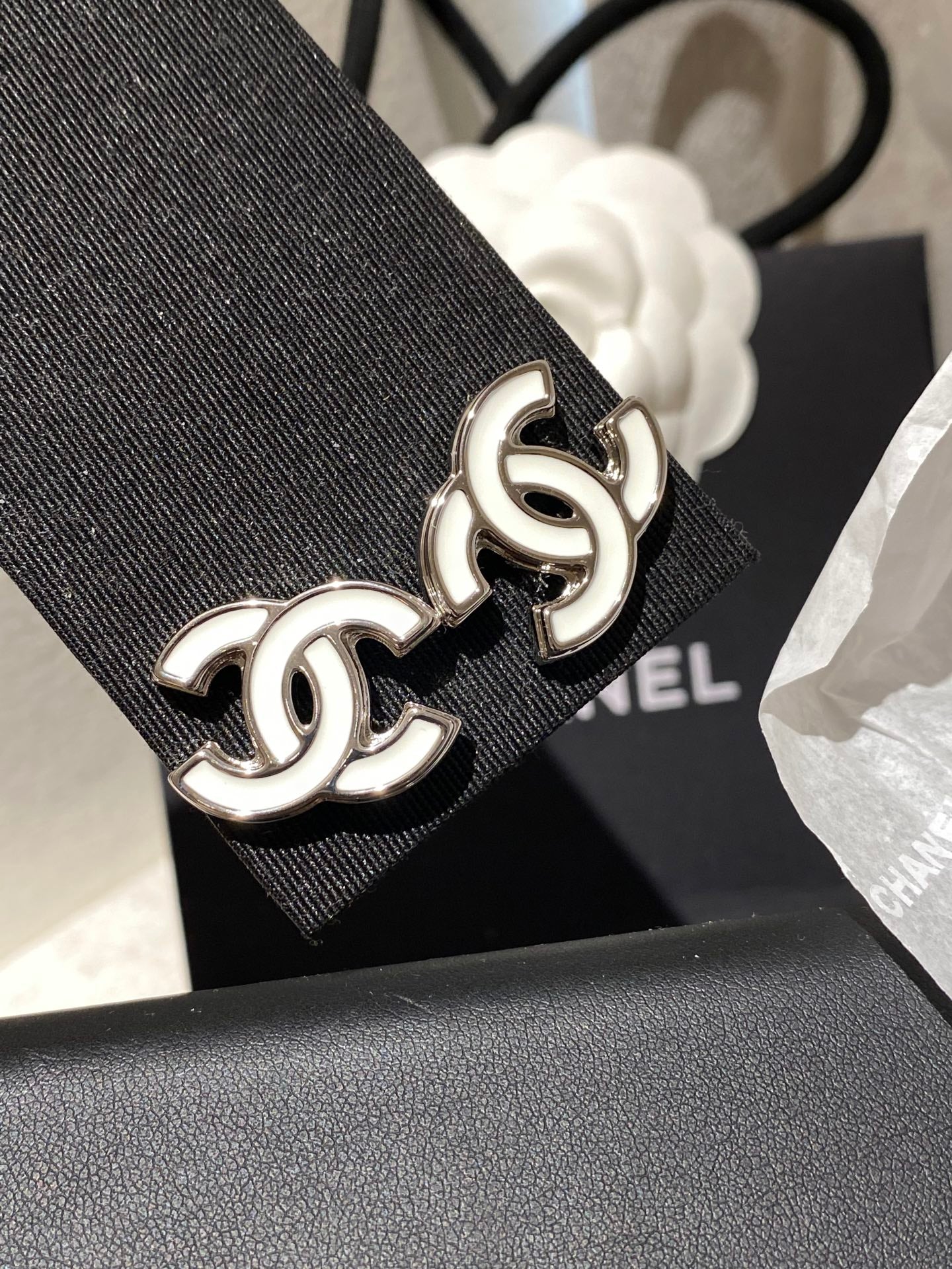 Chanel White Enamel CC Stud Earrings With Silver-tone Trim