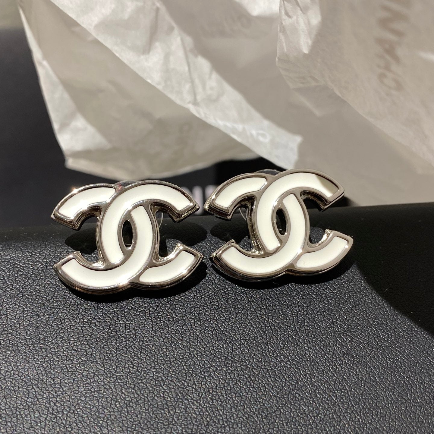 Chanel White Enamel CC Stud Earrings With Silver-tone Trim