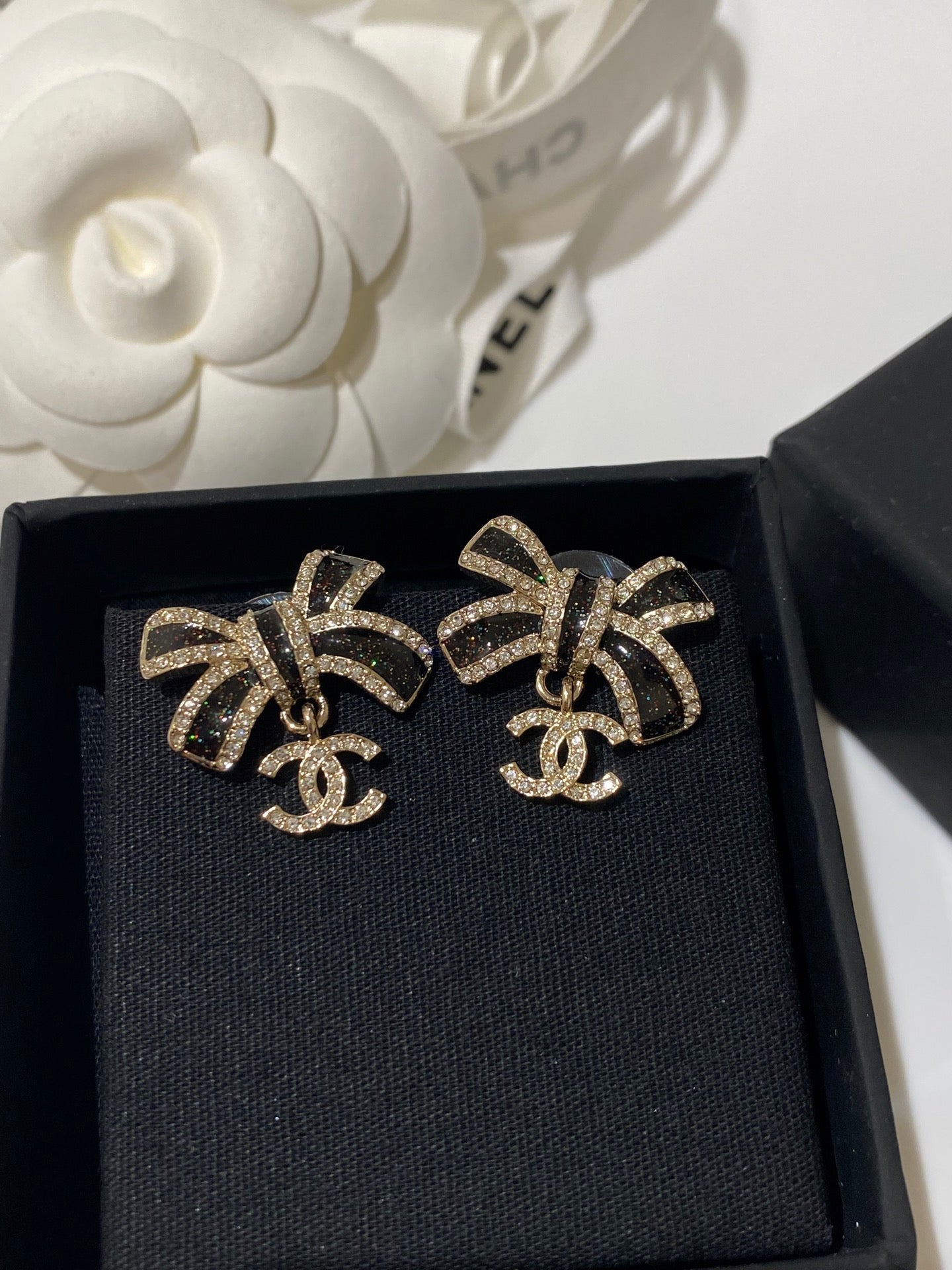 CC Crystals Black Enamel Bow Gold Earrings