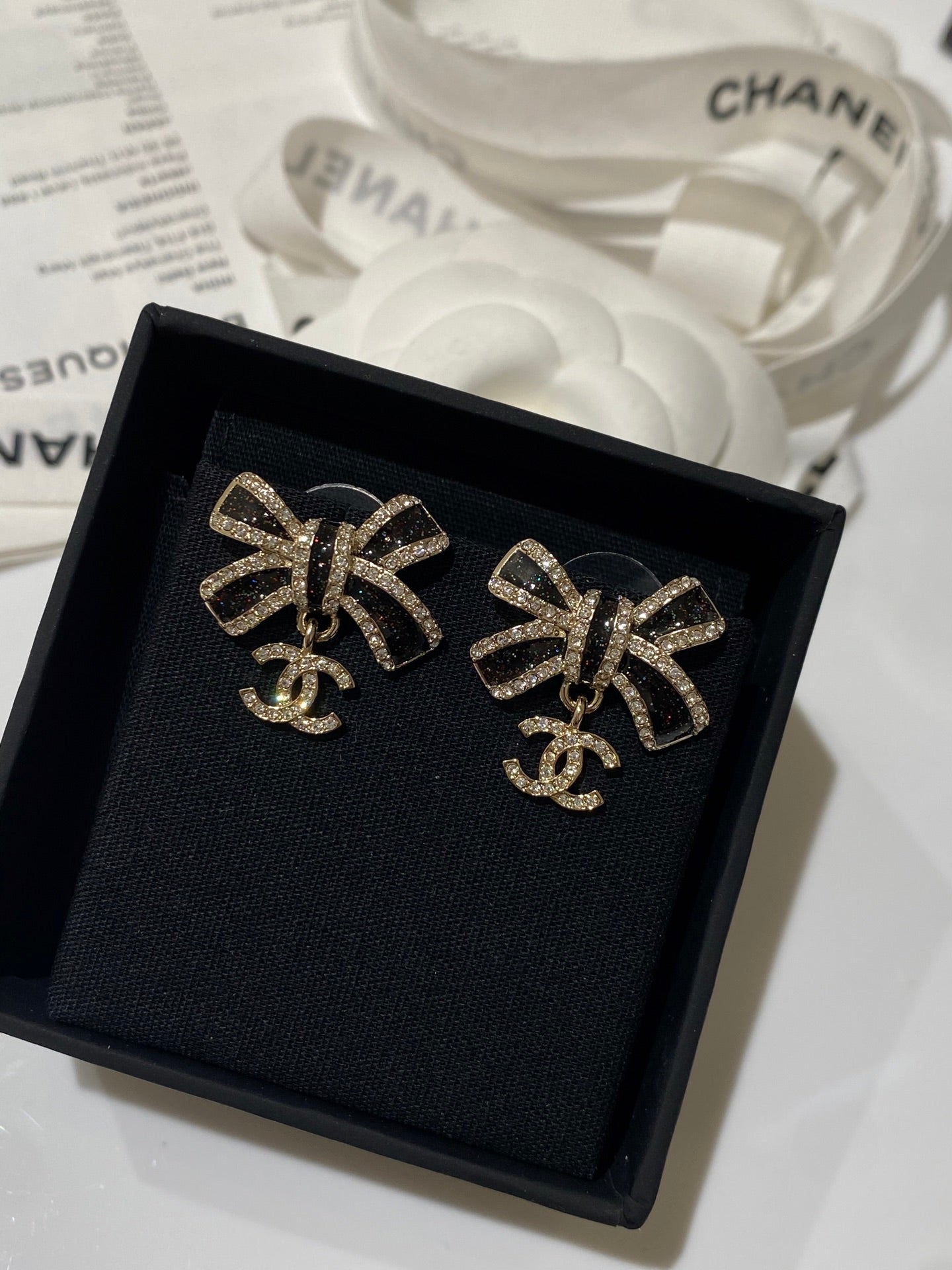 CC Crystals Black Enamel Bow Gold Earrings