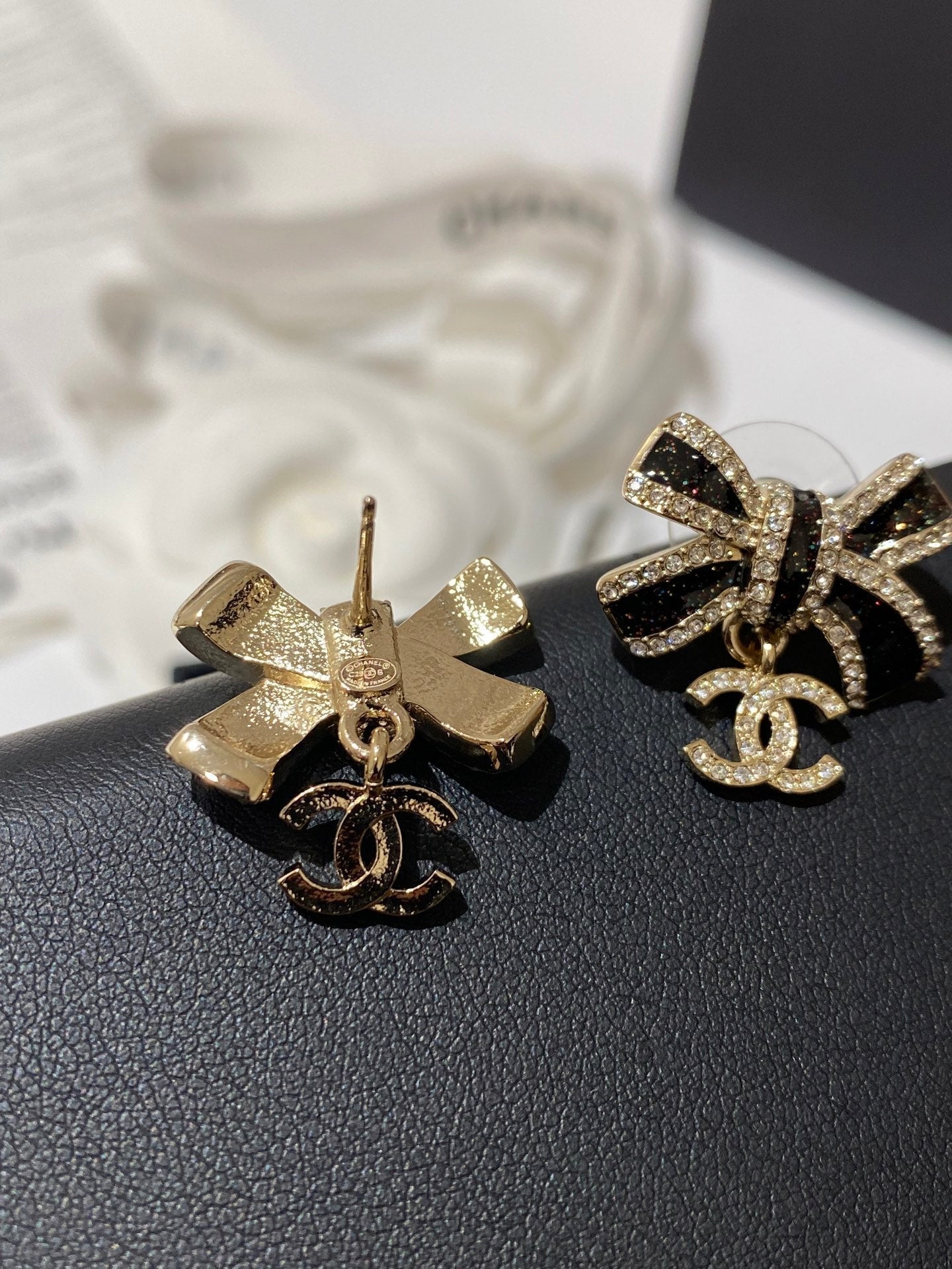 CC Crystals Black Enamel Bow Gold Earrings