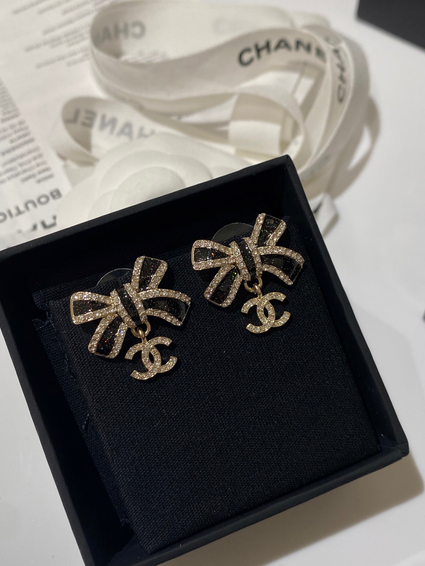 CC Crystals Black Enamel Bow Gold Earrings