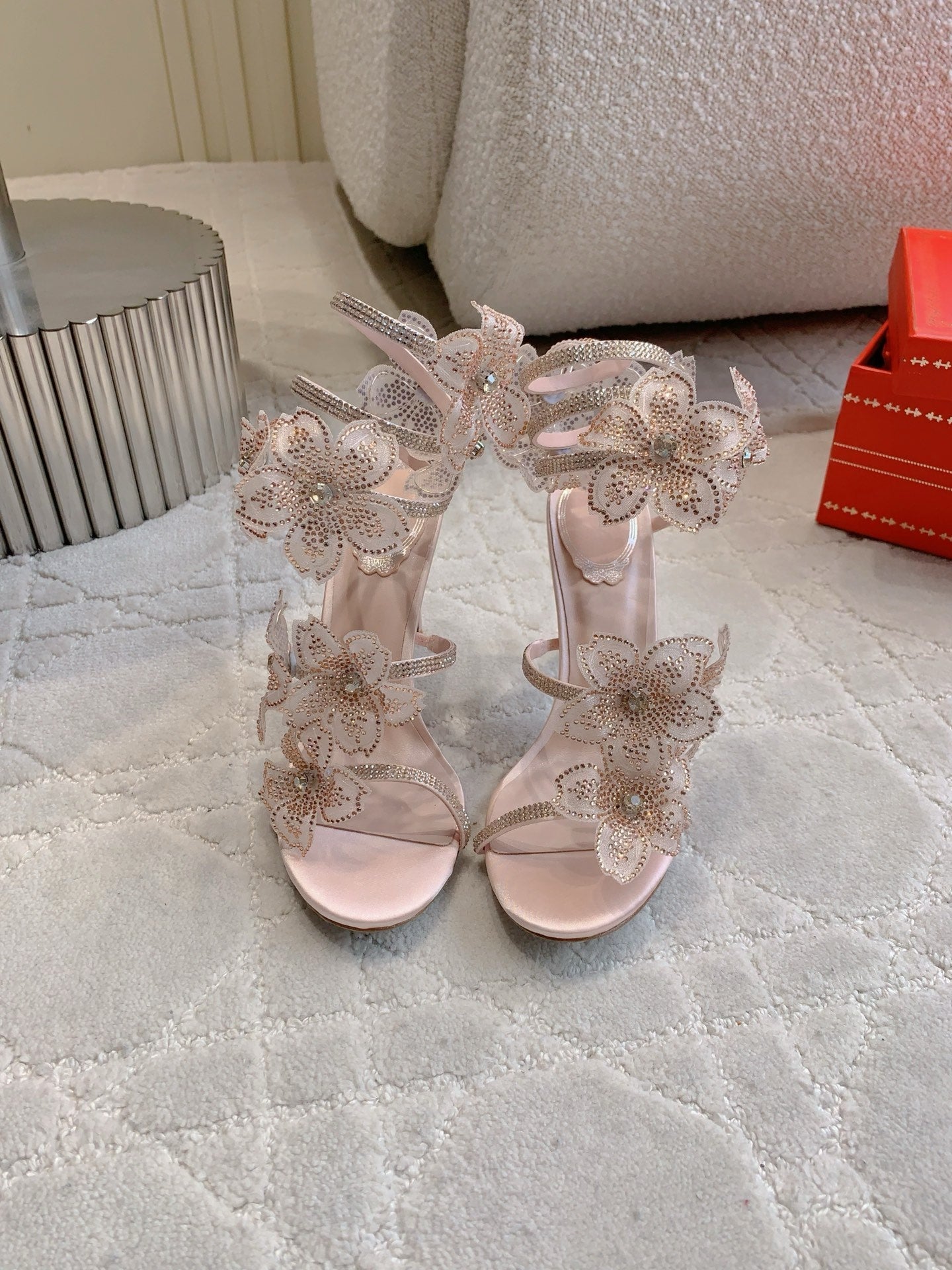 RC Flower Sandals Pink Nude Sheepskin Rhinestones 328466