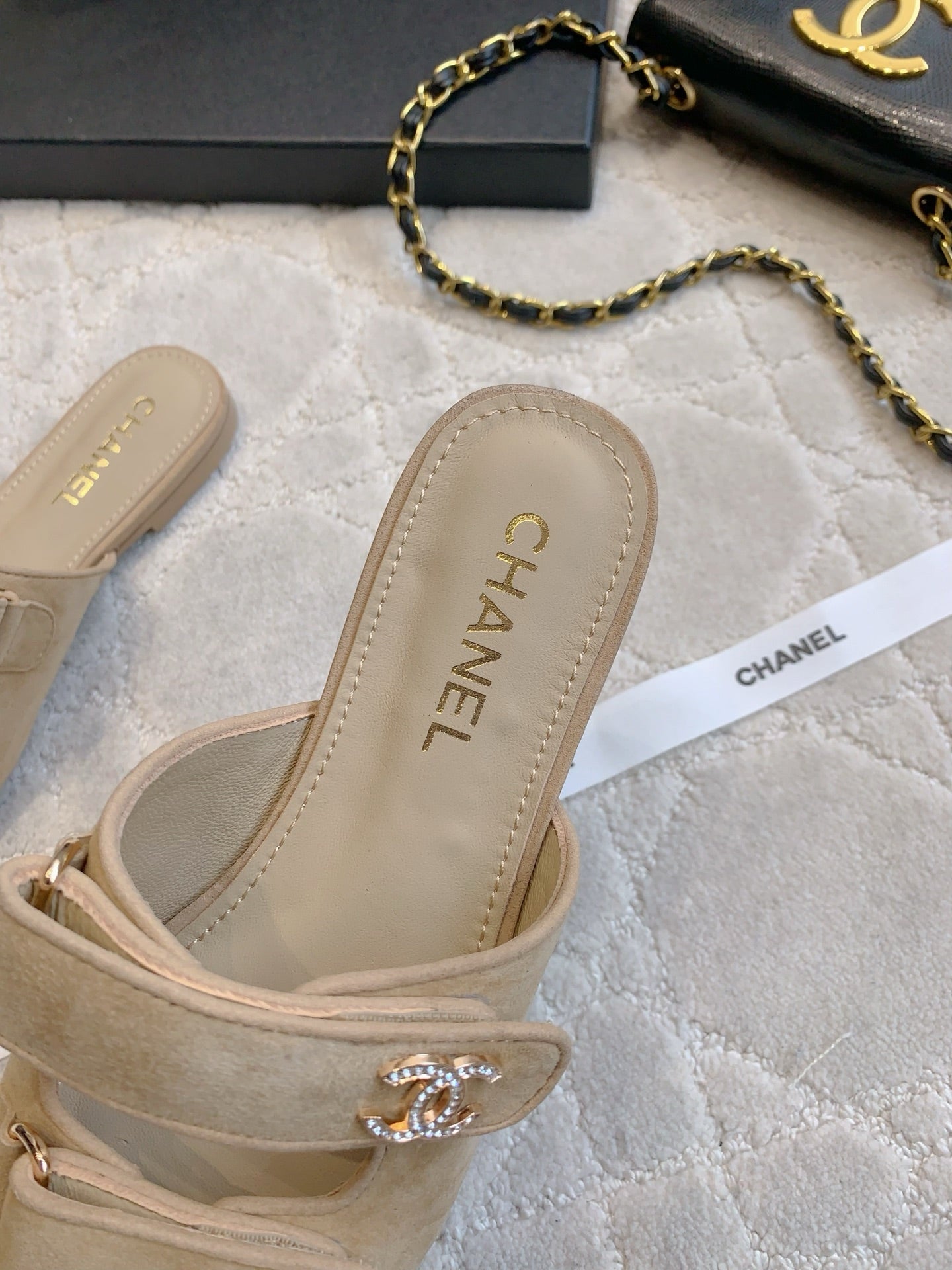 Chanel 2026 Rhinestone Buckle Flat Sandal Suede Lambskin 850851