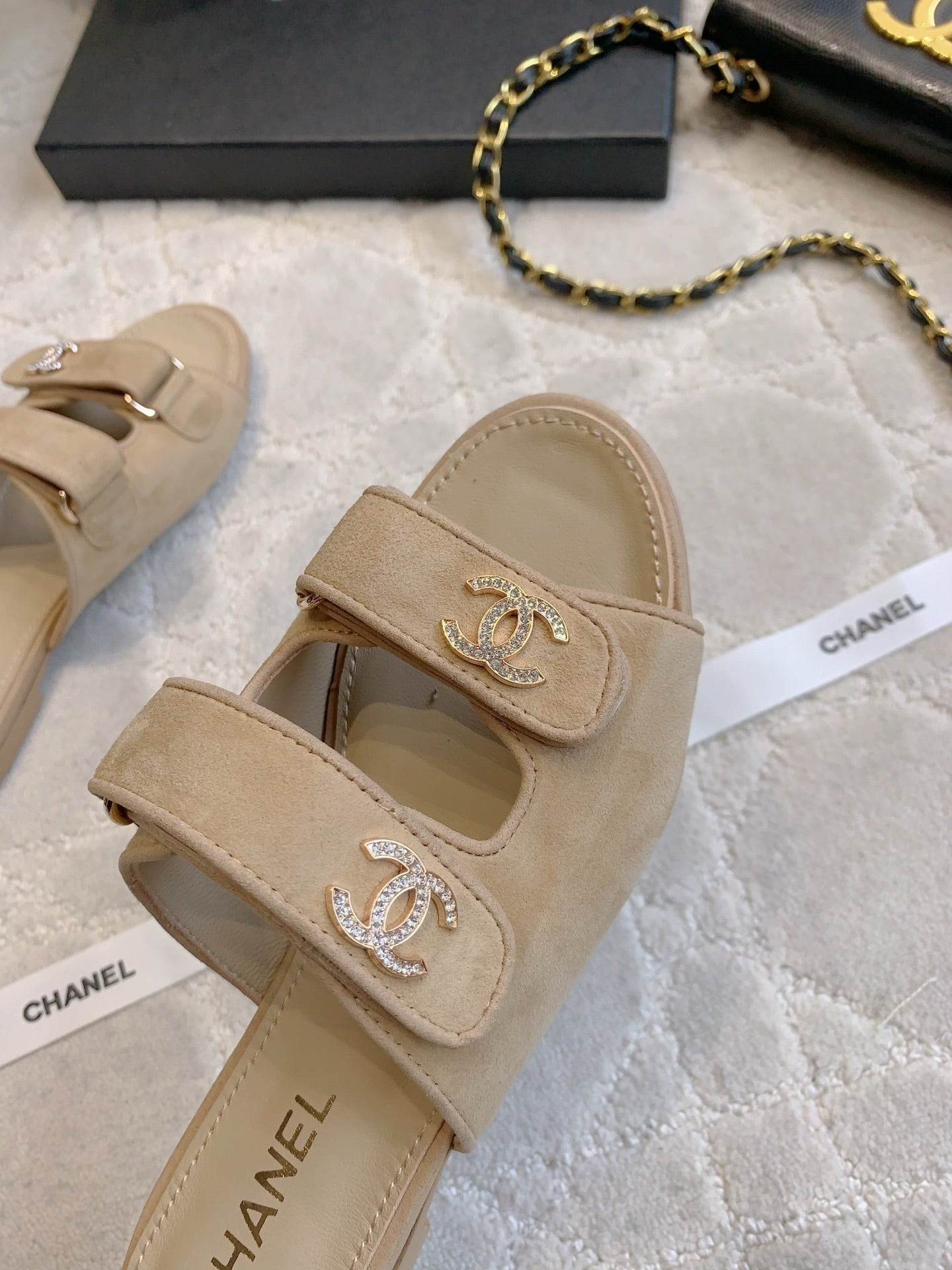 Chanel 2026 Rhinestone Buckle Flat Sandal Suede Lambskin 850851