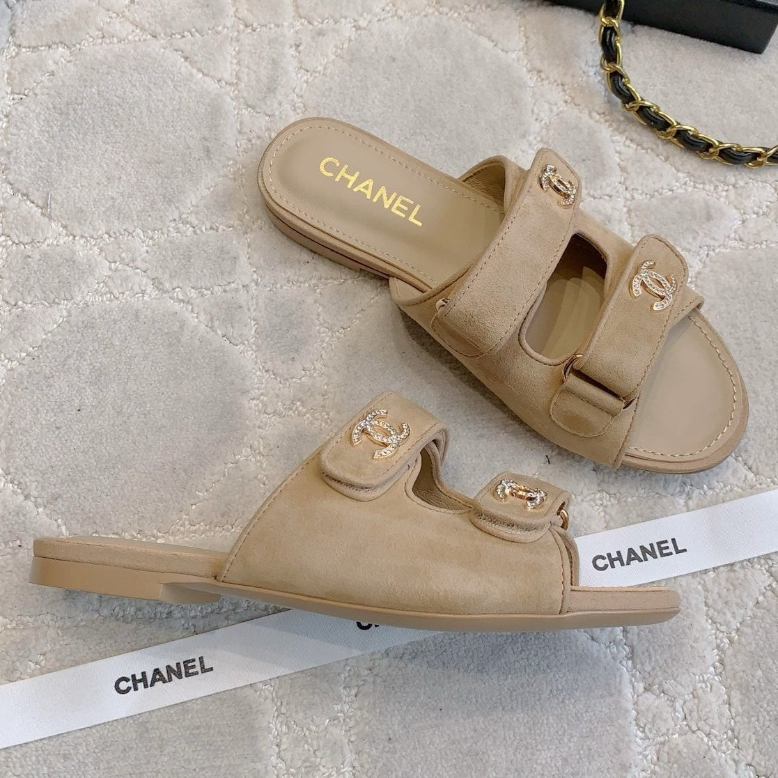 Chanel 2026 Rhinestone Buckle Flat Sandal Suede Lambskin 850851