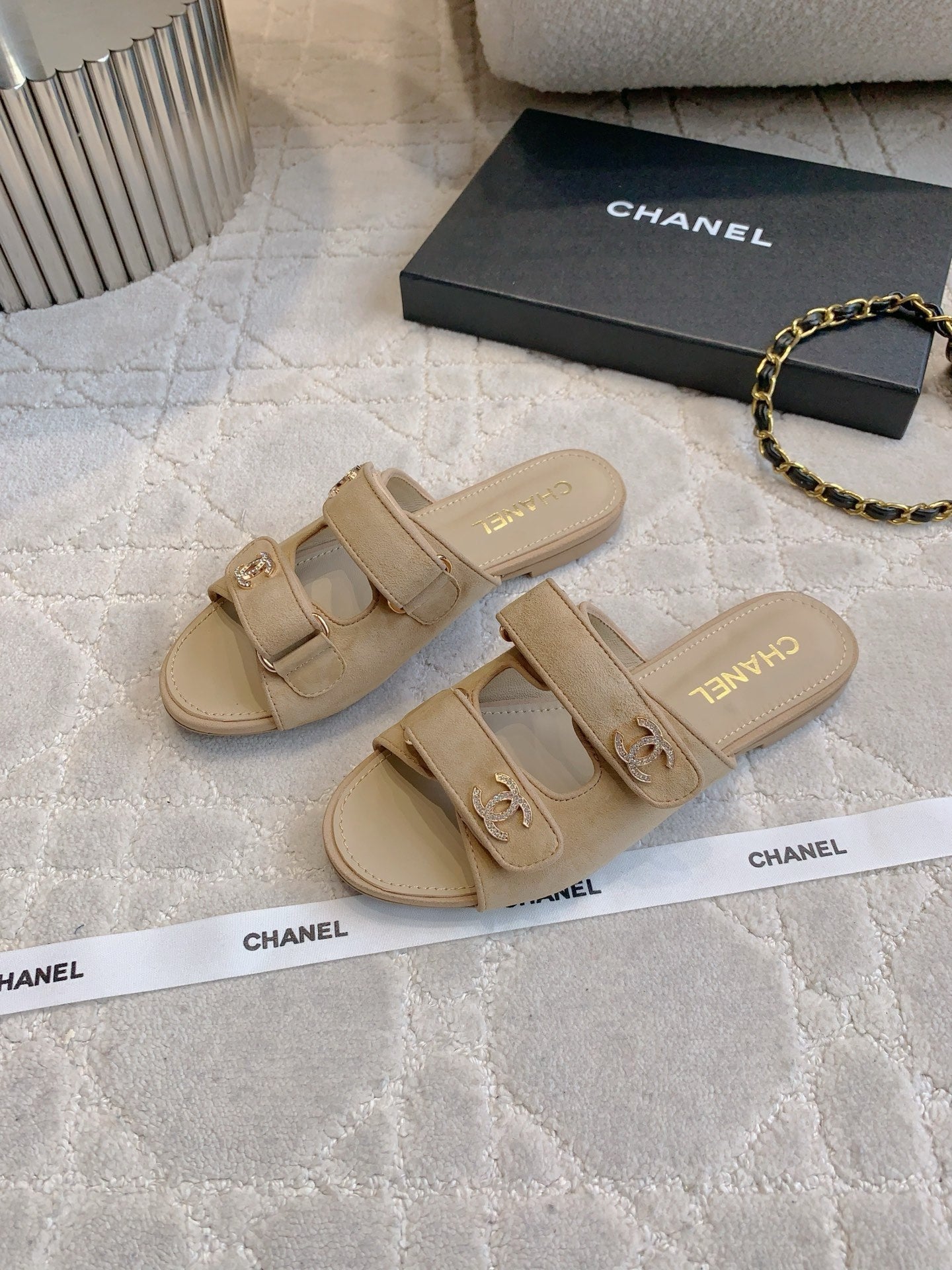 Chanel 2026 Rhinestone Buckle Flat Sandal Suede Lambskin 850851