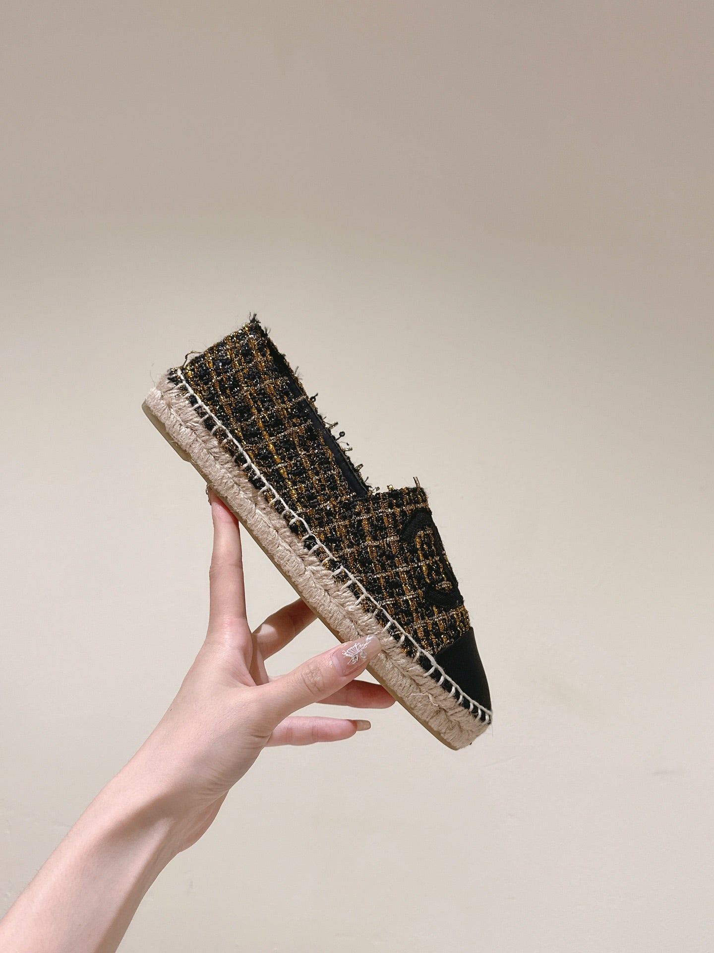 espadrilees black gold tweed canvas