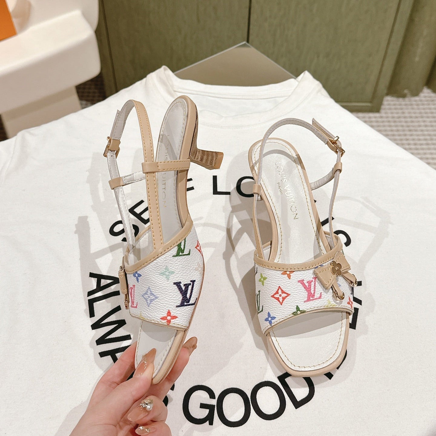 LV 26ss High Heel Sandals White Multicolor Cowhide 656944