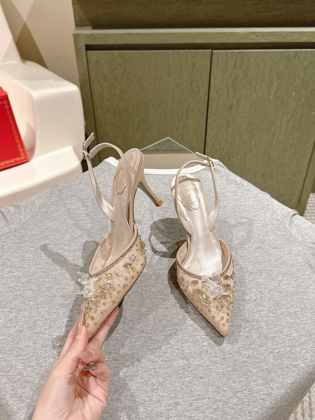 RC 25C Slingback Diamond High Heel 7.5cm Beige Silk Rhinestones 268079