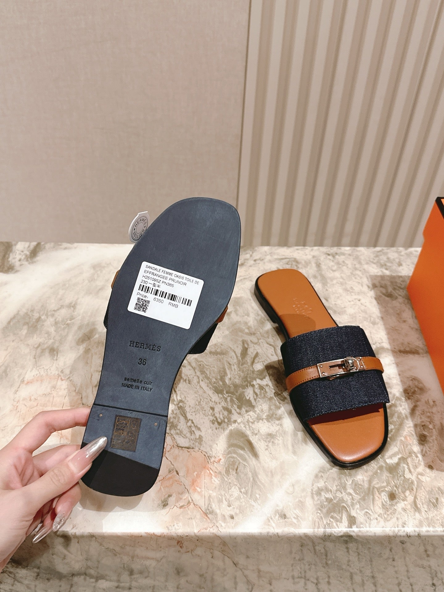 HM 2026 Flat Slippers Tan Brown Blue Denim Calfskin 655860
