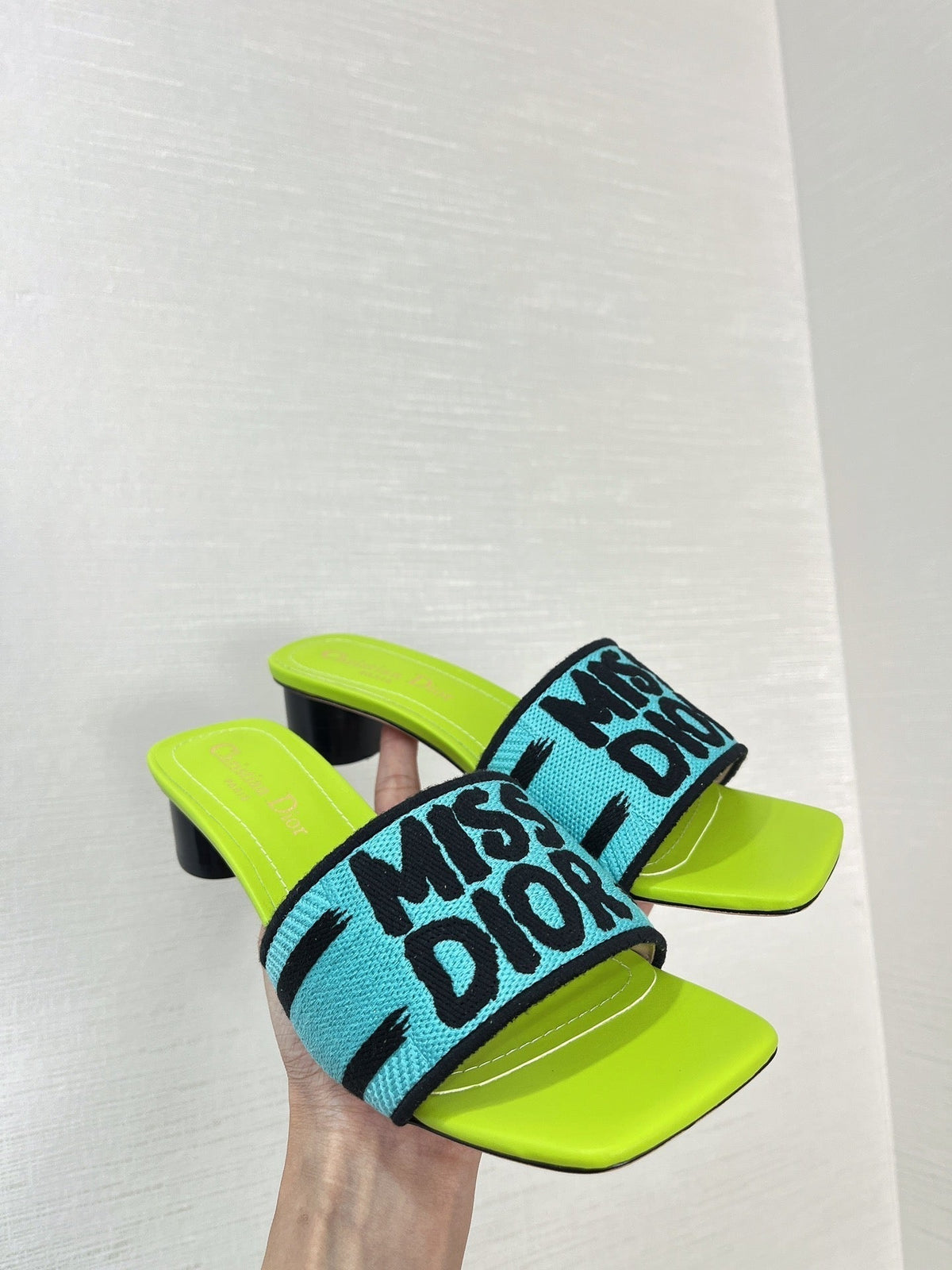 dway heeled slide 35 blue lime embroidered cotton