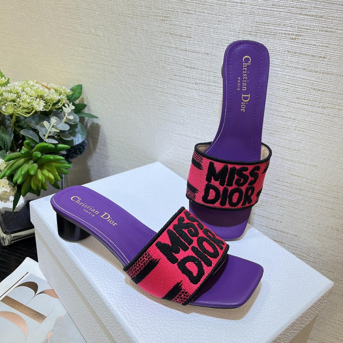 dway heeled slide 35 red purple embroidered cotton