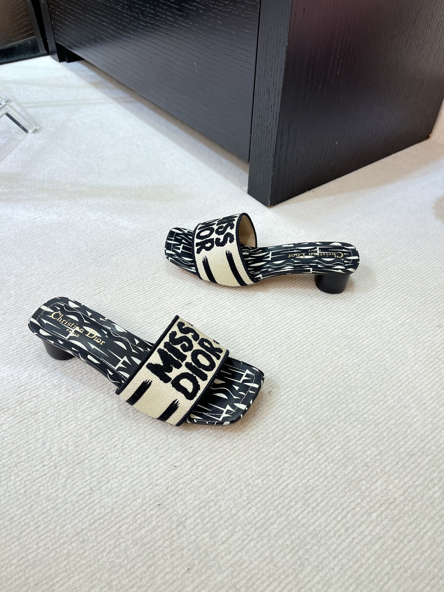 dway heeled slide 35 embroidered cotton black miss cd alllover motif