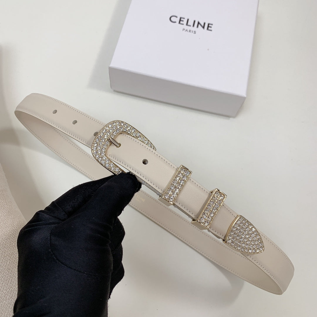 CL 25 MM MARCO BELT WITH STRASS IN WHTE CALFSKIN GOLD HARDWARE