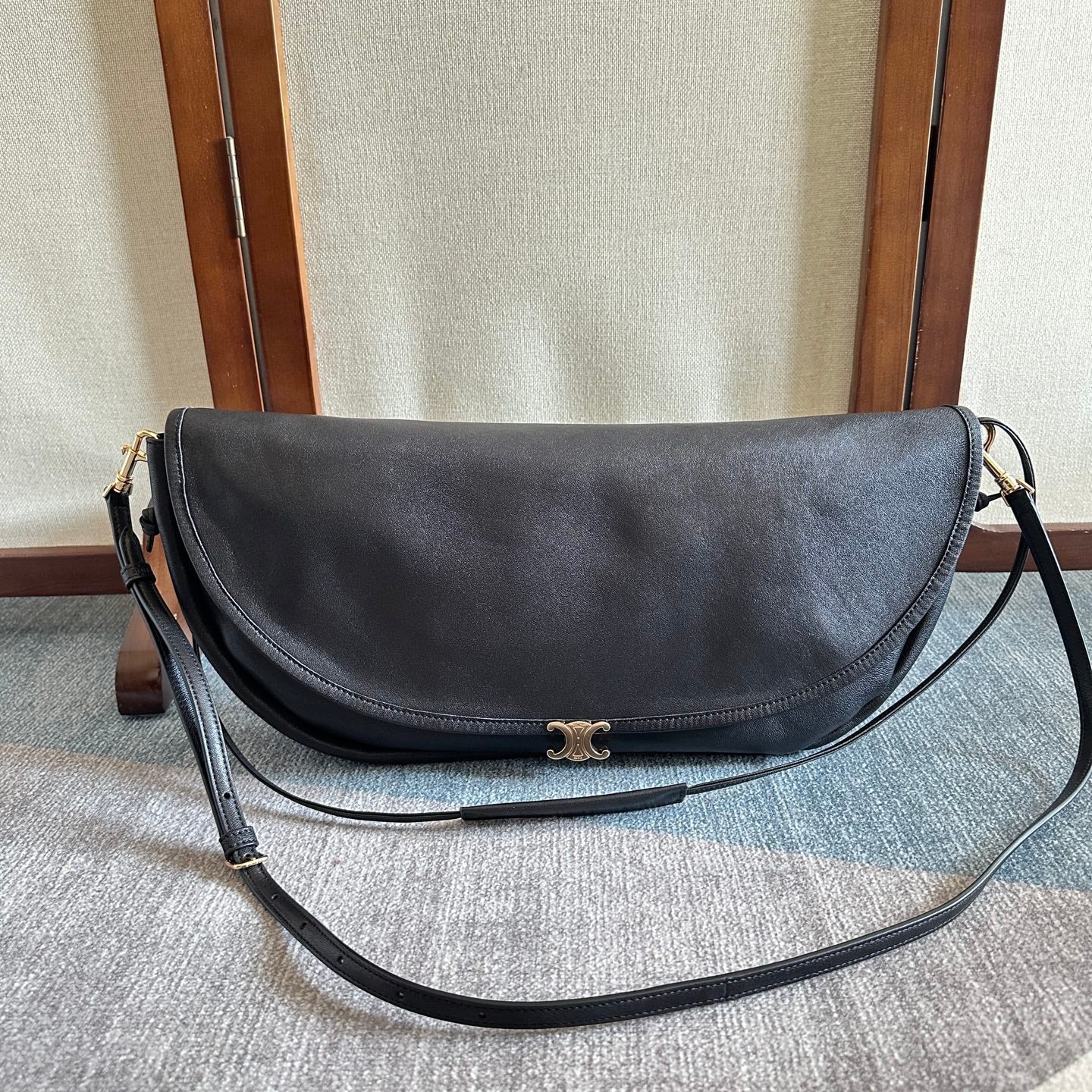 Celine 2025 Halfmoon Soft Triomphe Bag Black Shiny Lambskin