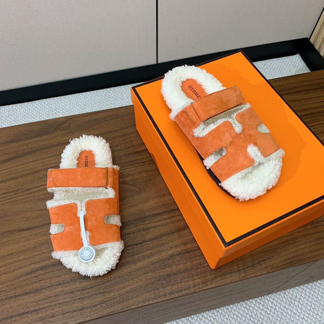 HM Chypre Sandal In Orange Mix White Fleece And Suede 984196