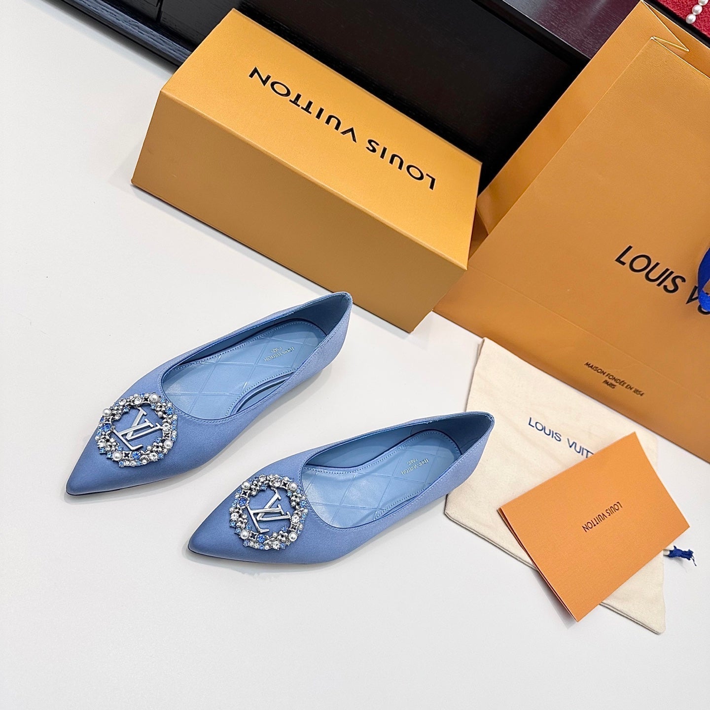 LV 26s Pointed-Toe Ballet Flat Light Blue Premium Satin 622432