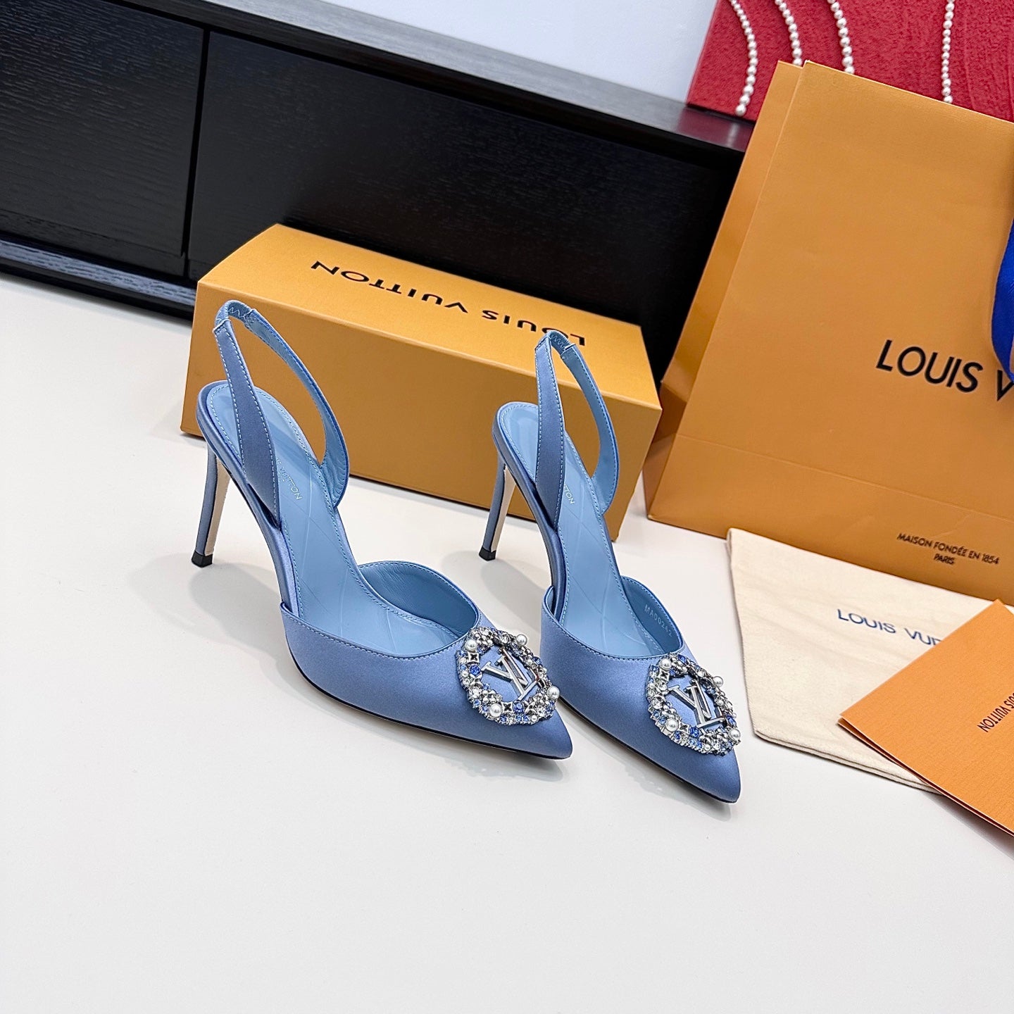 LV 26s  Slingback 95 Light Blue Premium Satin 622436