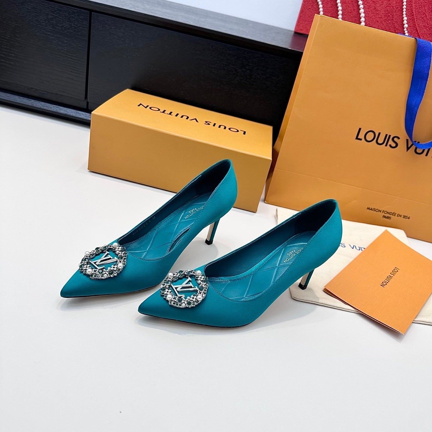 LV 26s  Pointed-Toe High Heels 75 Teal Blue Premium Satin 622438
