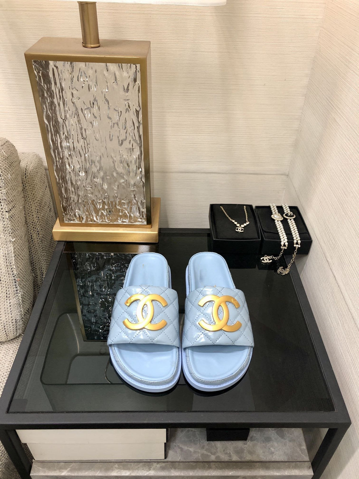 mule sandal 30 cloud blue quilted waxed leather