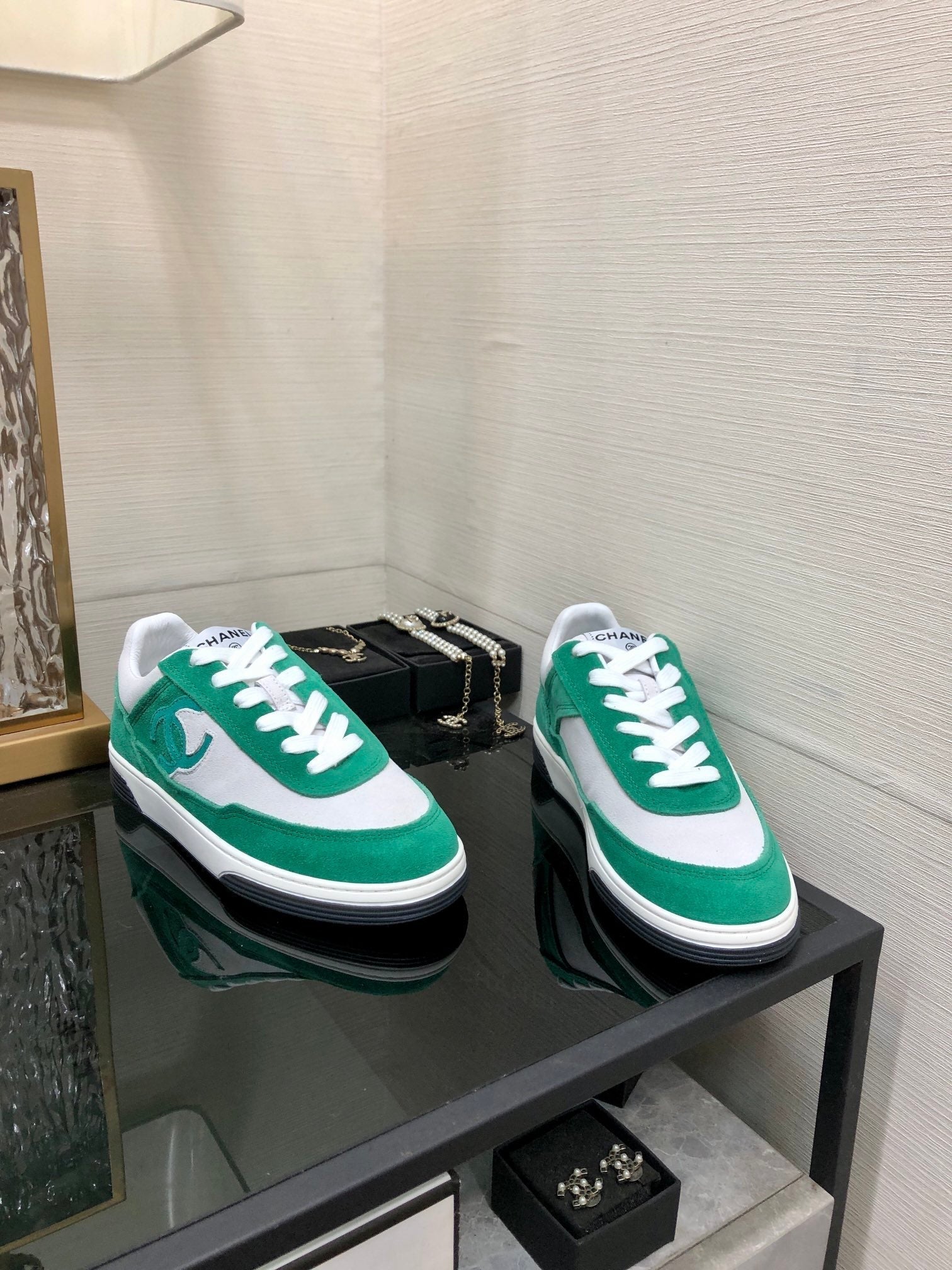 CC Sneaker In Green Mix White Suede