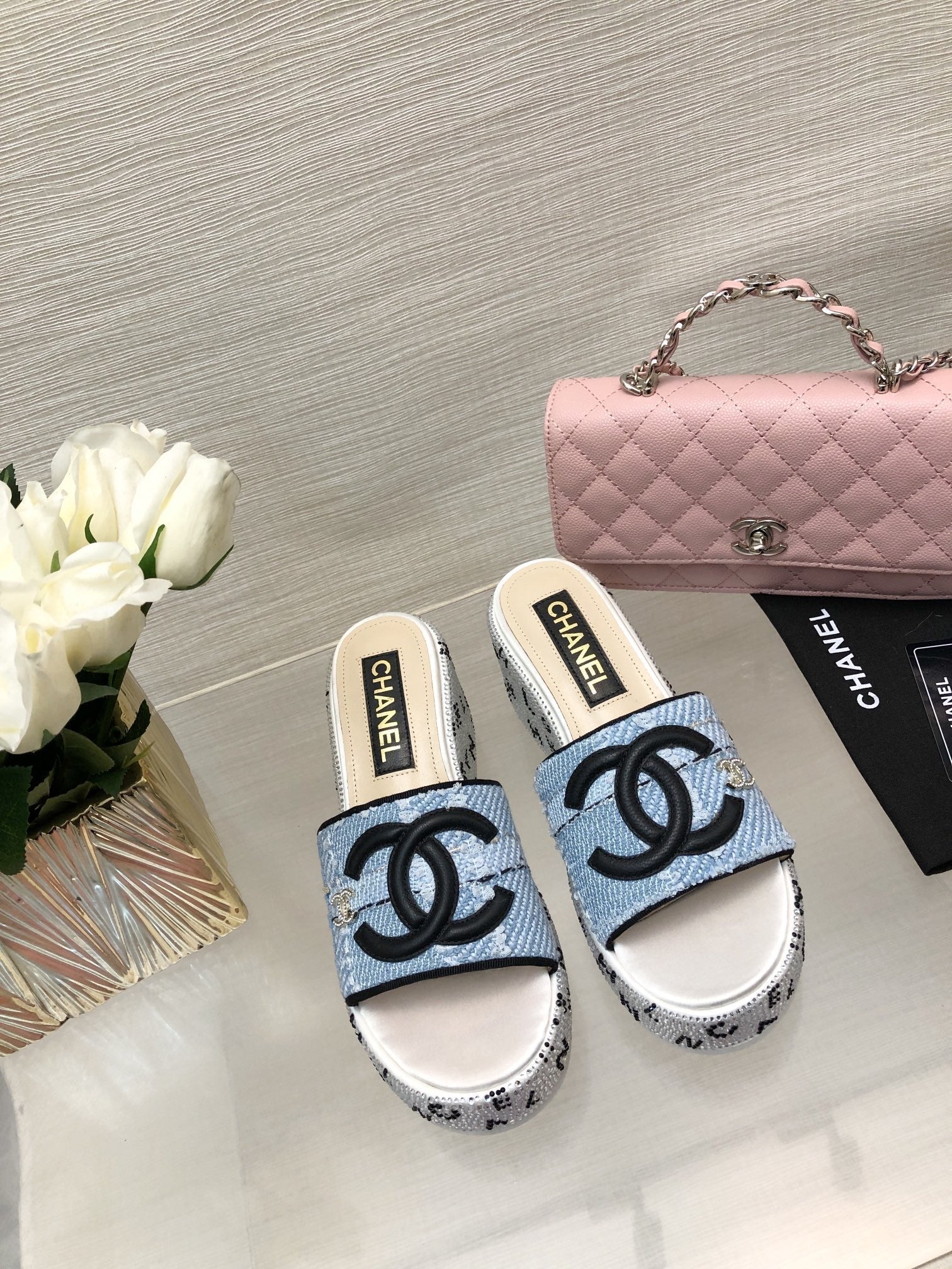 CC 25C Platform Slide Sandals Steed Blue Fabric 213131