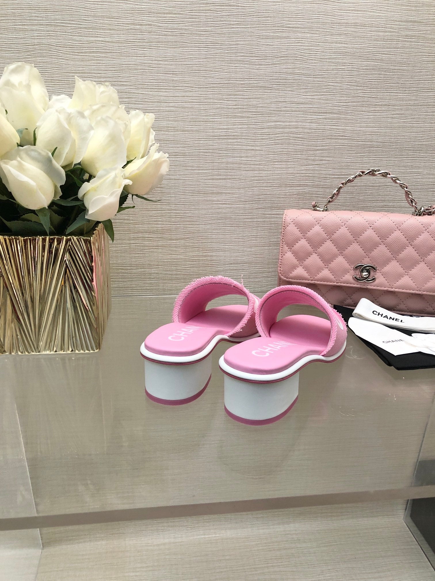 CC 25C Mid Heel Mule Pink Fabric Material 212962